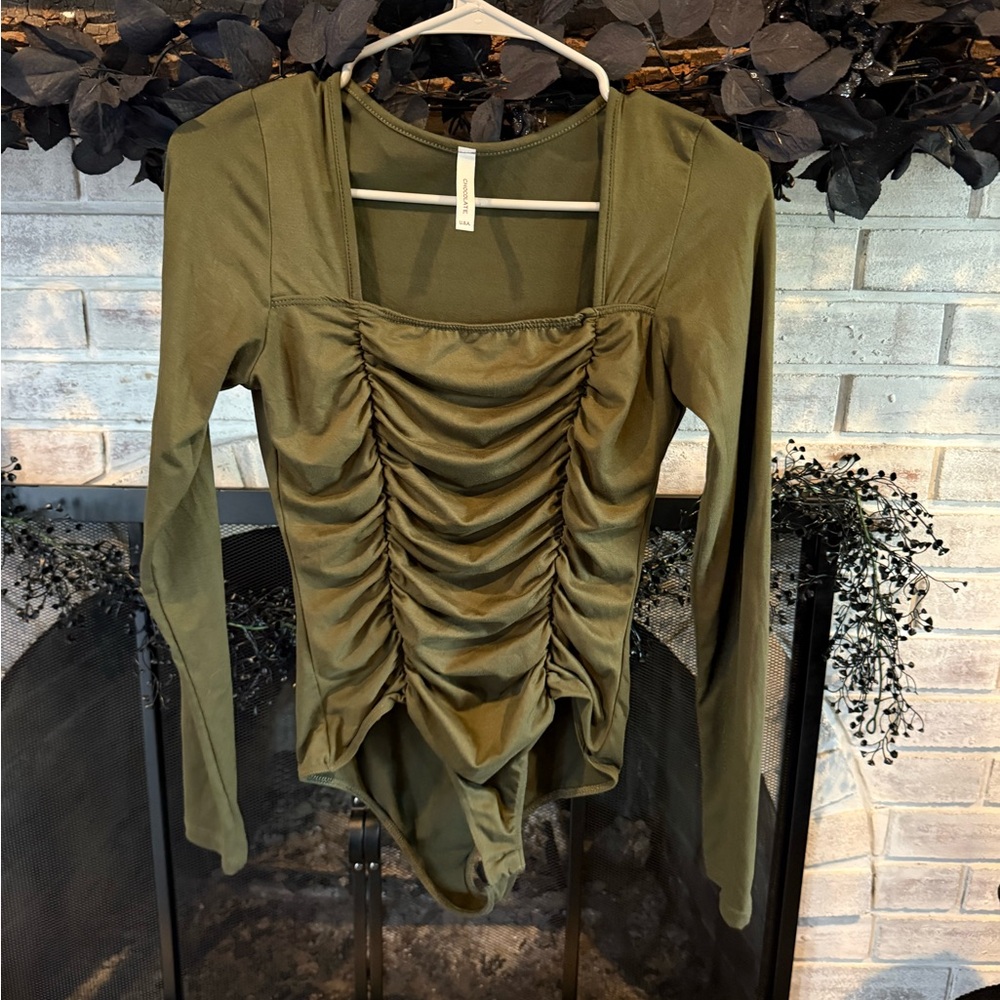 Chocolate Olive Green Ruched Bodysuit